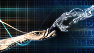 AI humans and robot touching hands