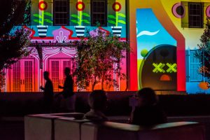 A projection mapped building at the 2022 Digital Graffiti Festival.