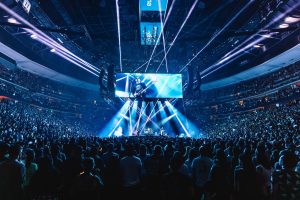 On Blink-182's latest tour, the content displayed was a mix of rendered content, IMAG, Notch Effects, and on-board Hippotizer effects. © TrasK House and VUE Show Design